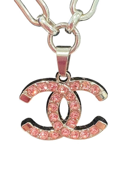 Silver/ Pink Large Logo Pink Rhinestone CC Necklace