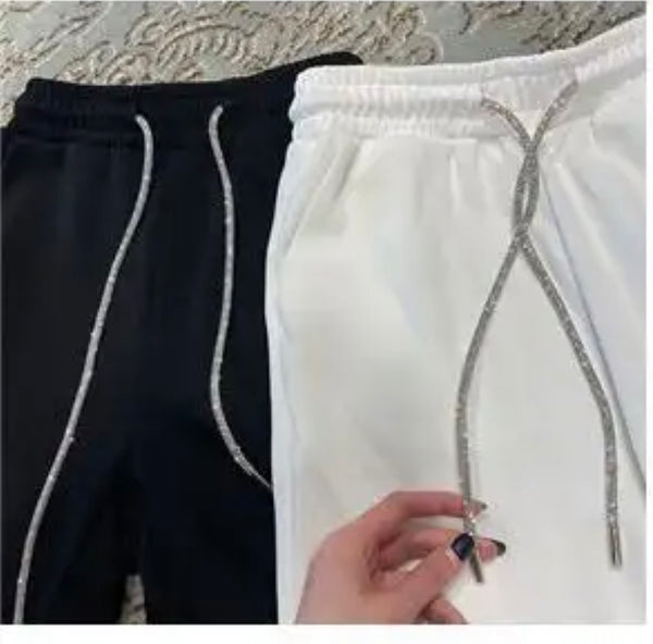 Rhinestone Drawstring For Sweat Pants/ Lounge Pants - White